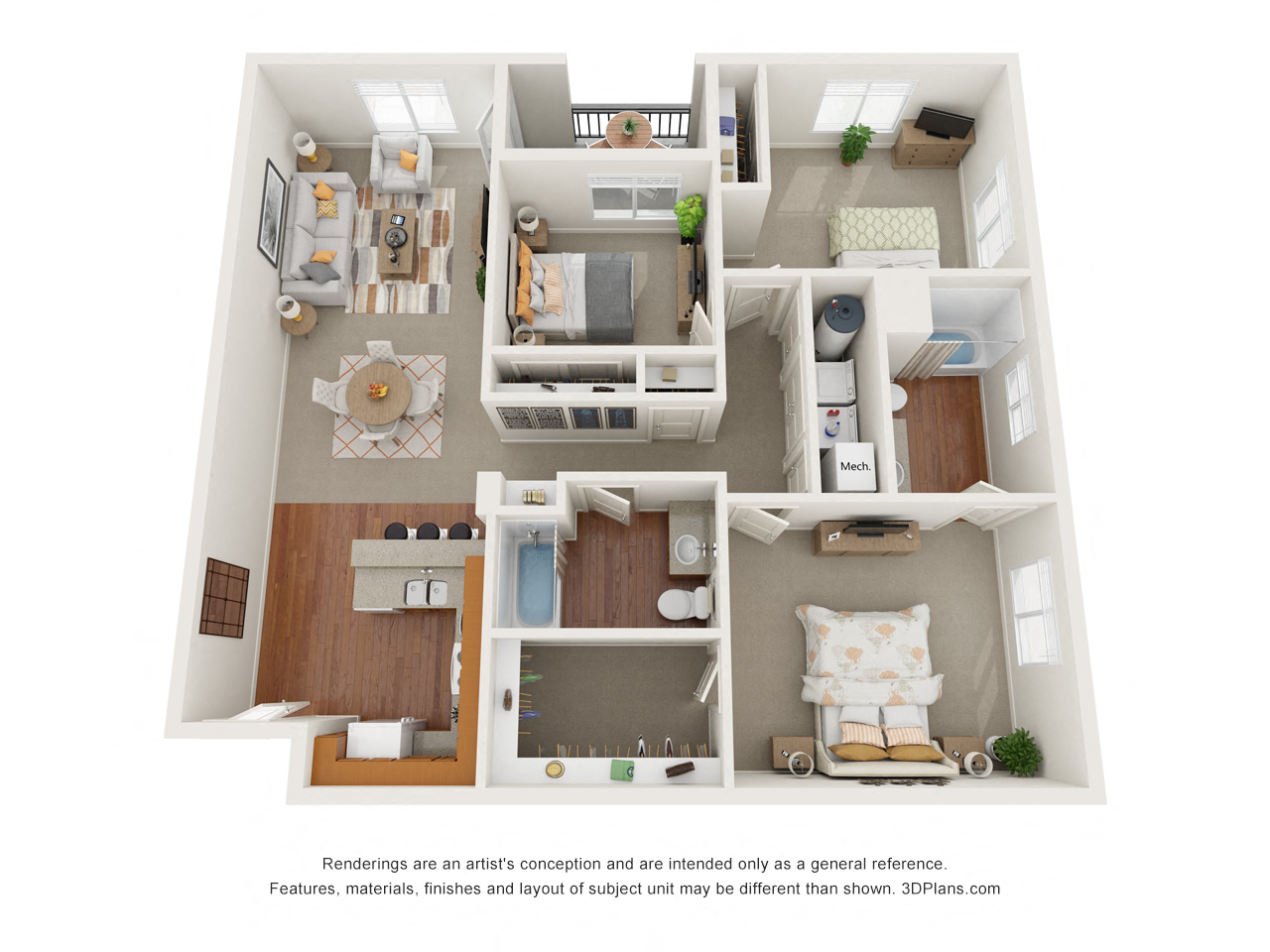 Floor plan for 3 beds, 2 baths, 1119 sqft